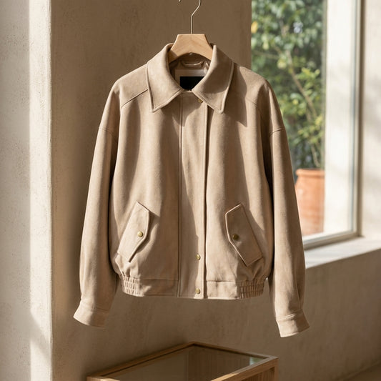 Maddison Faux Suede Bomber Jacket in Beige - Boutique Lifestyle Display