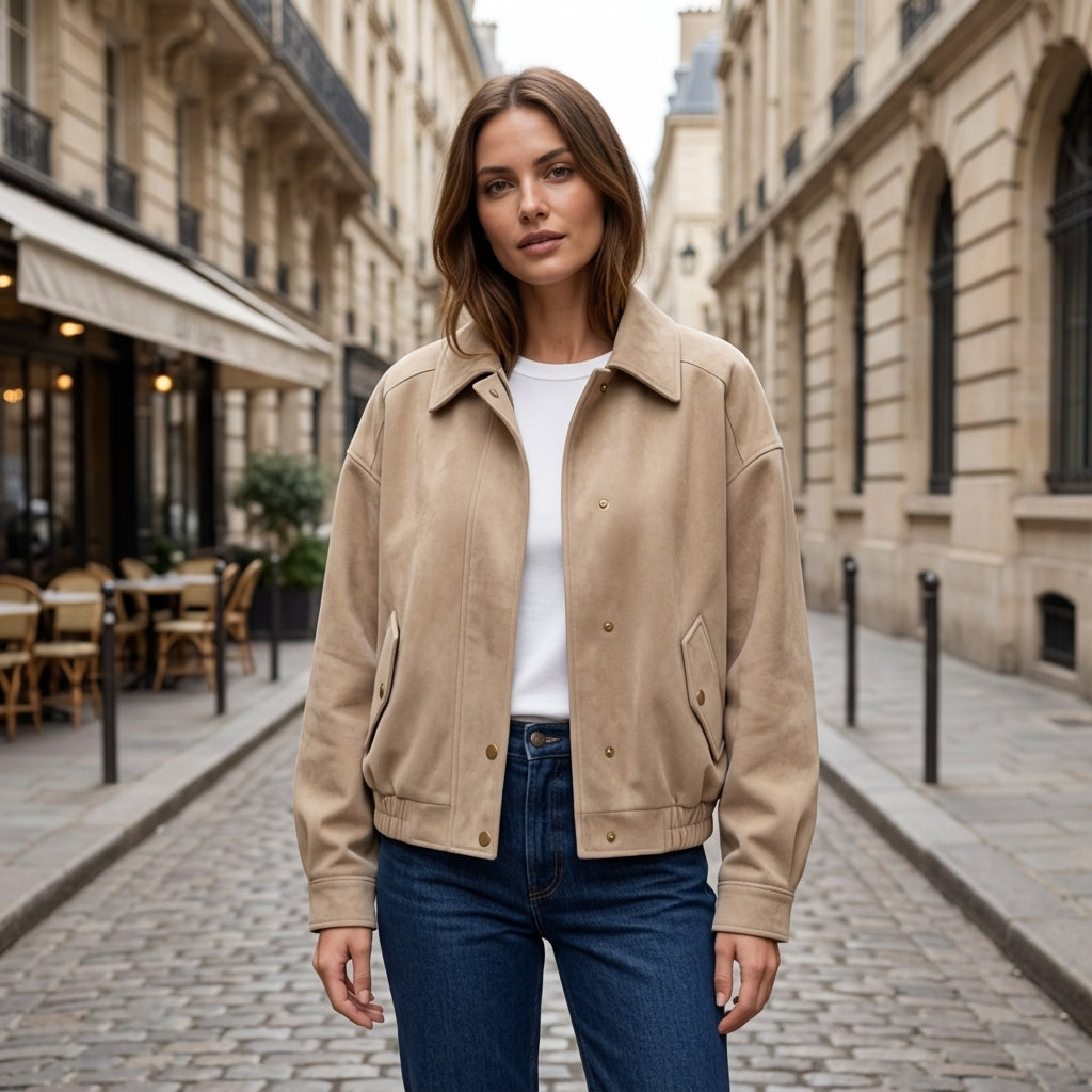 Maddison Faux Suede Bomber Jacket in Beige - Model Streetwear Style
