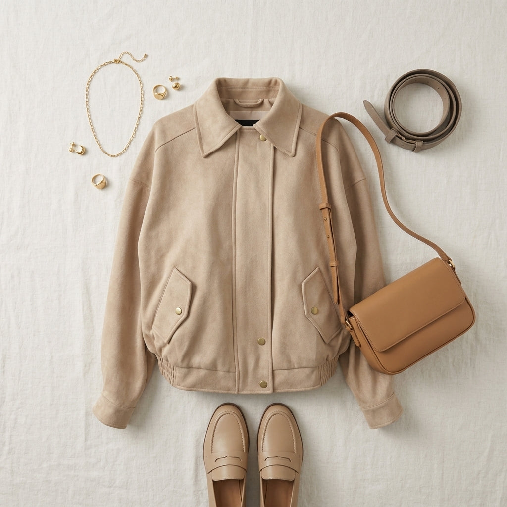 Maddison Faux Suede Bomber Jacket in Beige - Curated Flat Lay Styling