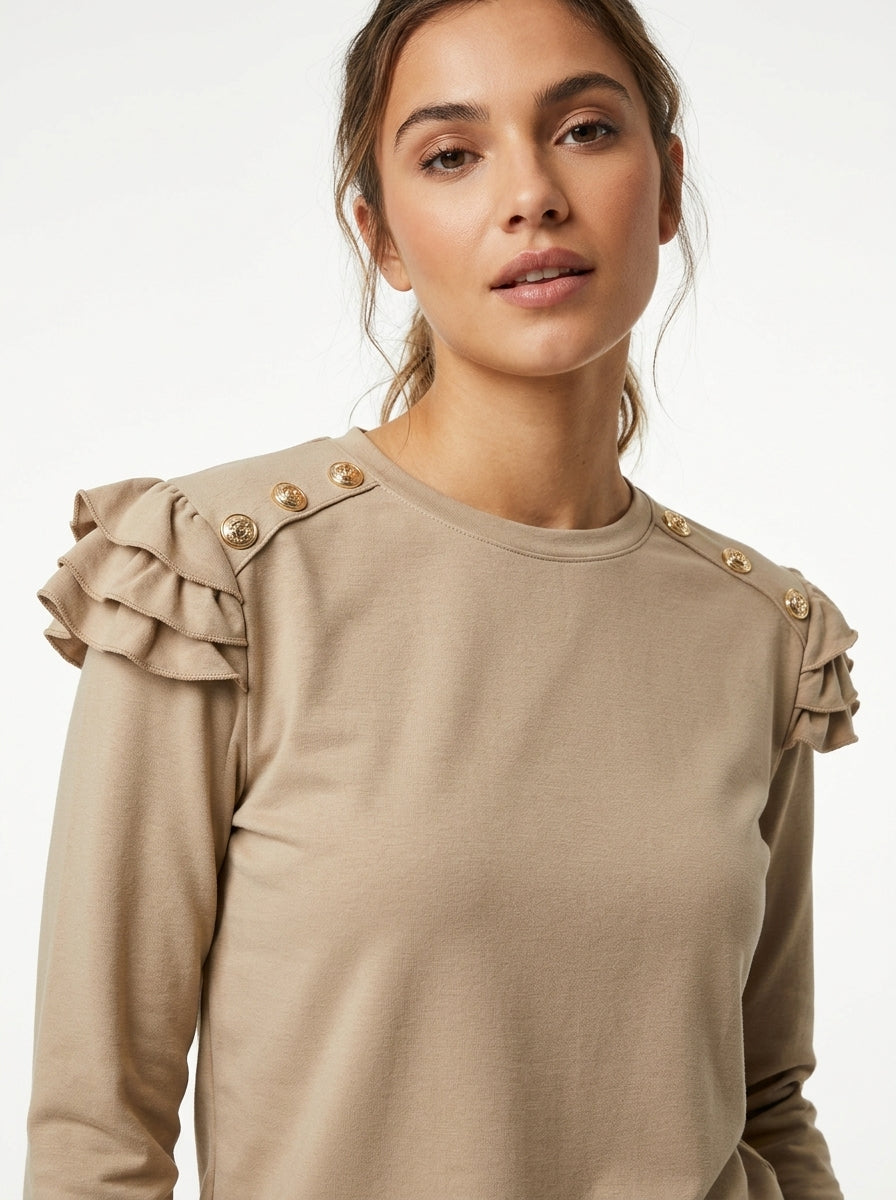 Sofia Gold Button Detail Lounge Co-Ord in Beige - Gold Button & Sleeve Detail Close-up
