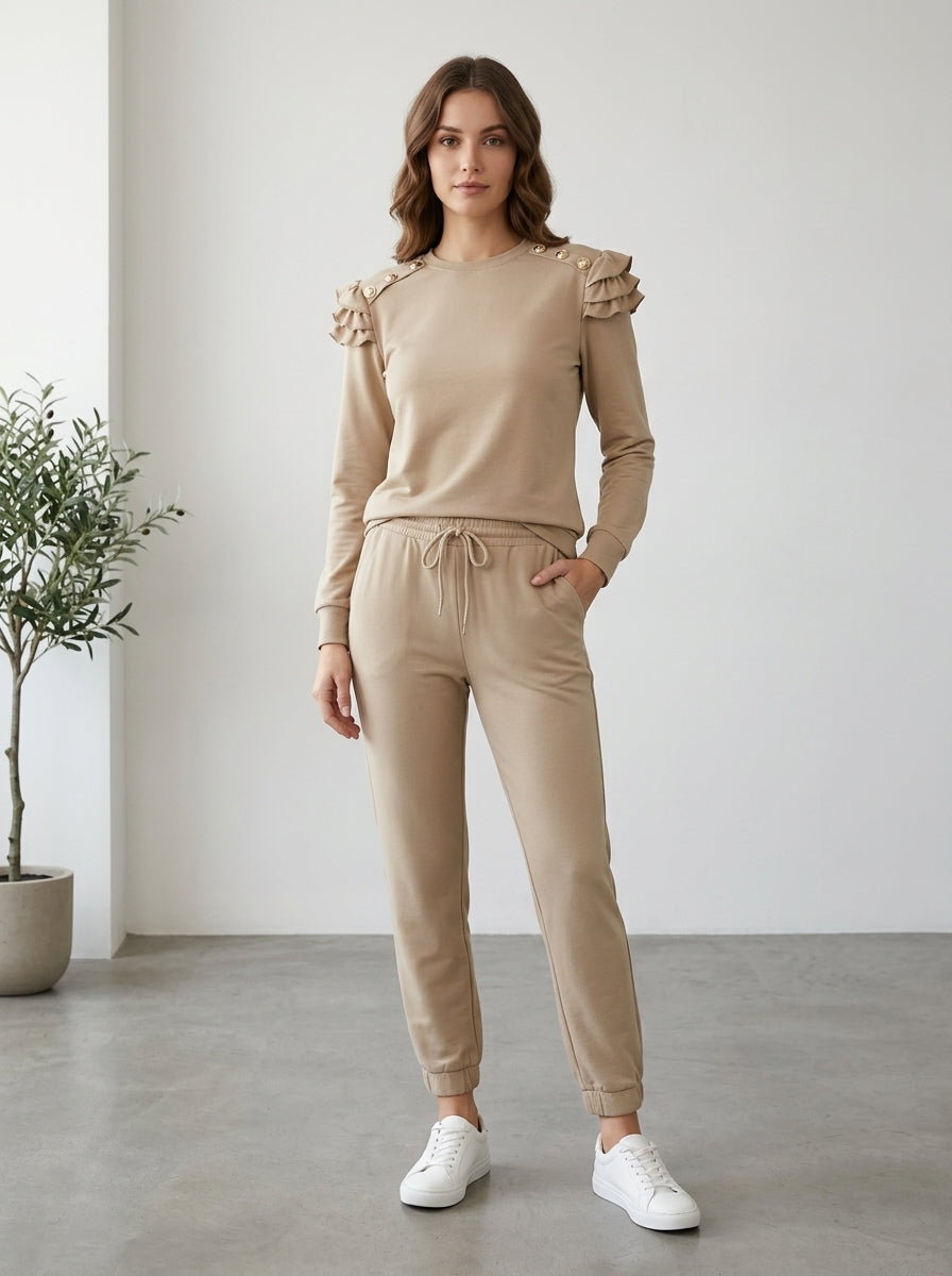 Sofia Gold Button Detail Lounge Co-Ord in Beige - Front Model View
