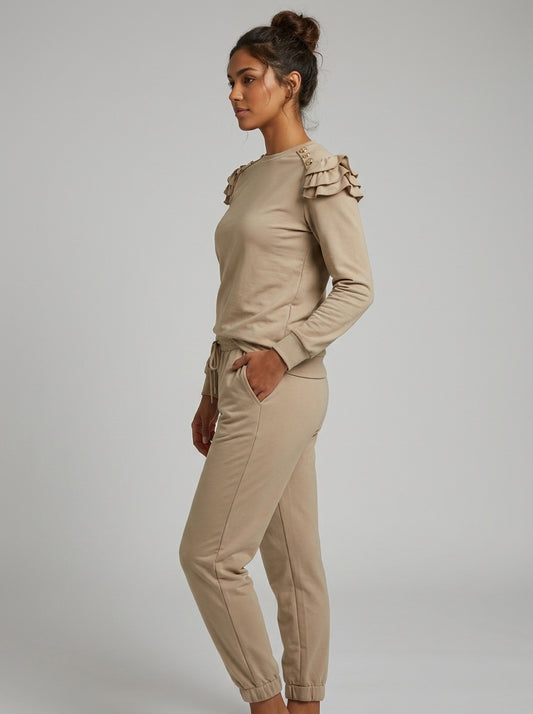 Sofia Gold Button Detail Lounge Co-Ord in Beige - Side Angle Model View