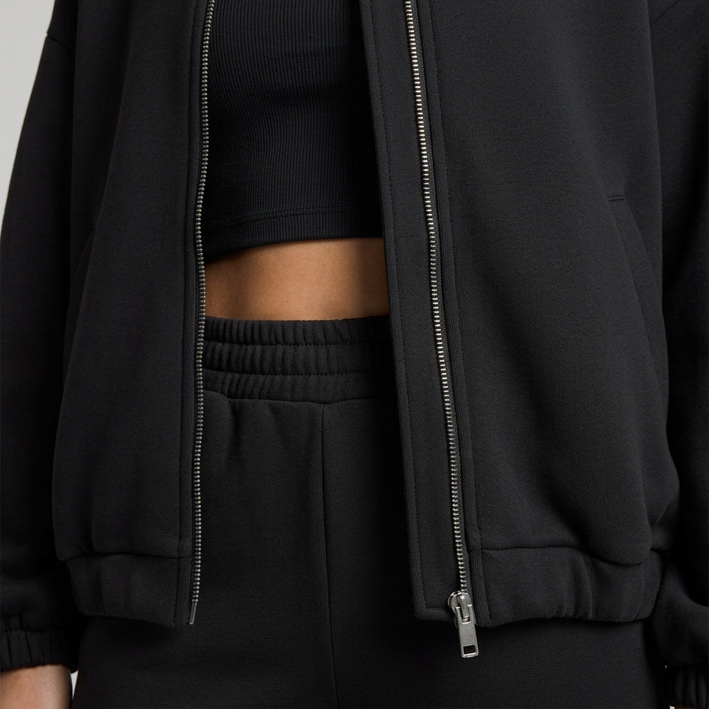 Cecilia Lounge Co-Ord in Black fabric and zipper detail shot