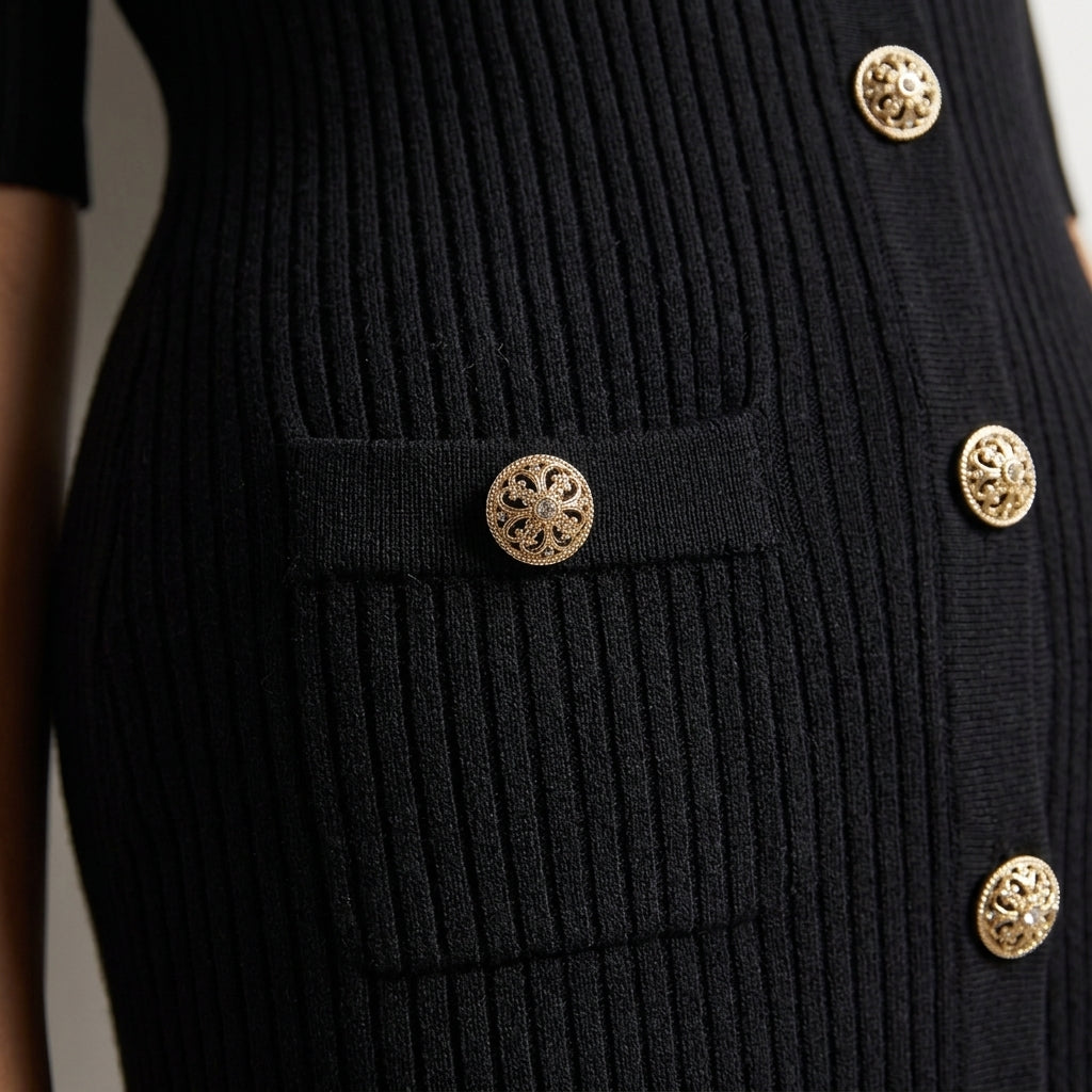 Olivia Gold Button Maxi Dress in Black - Close-Up Fabric and Button Detail