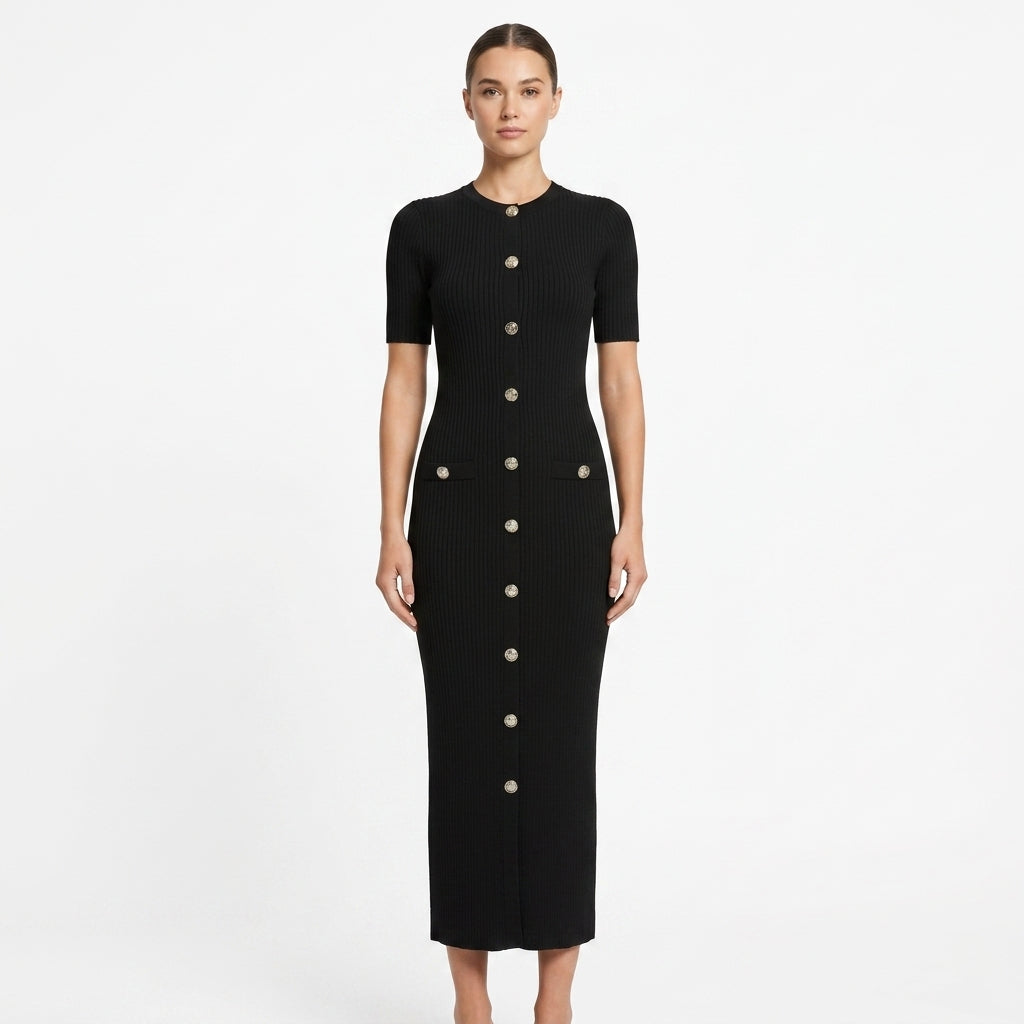 Olivia Gold Button Maxi Dress in Black - Studio Hero View