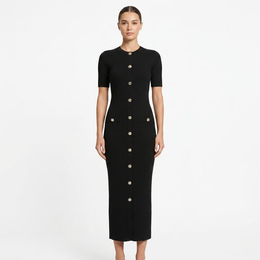 Olivia Gold Button Maxi Dress in Black - Studio Hero View