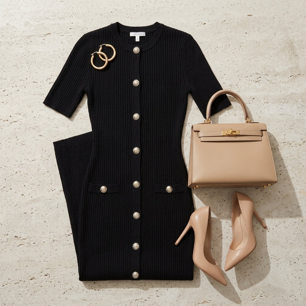 Olivia Gold Button Maxi Dress in Black - Styled Flat Lay Outfit