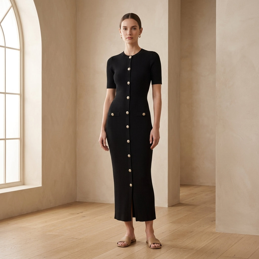 Olivia Gold Button Maxi Dress in Black - Full-Length Model View