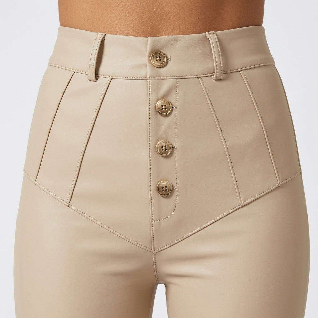 Close-up Detail of Gold Button Placket on Charlotte PU Leggings