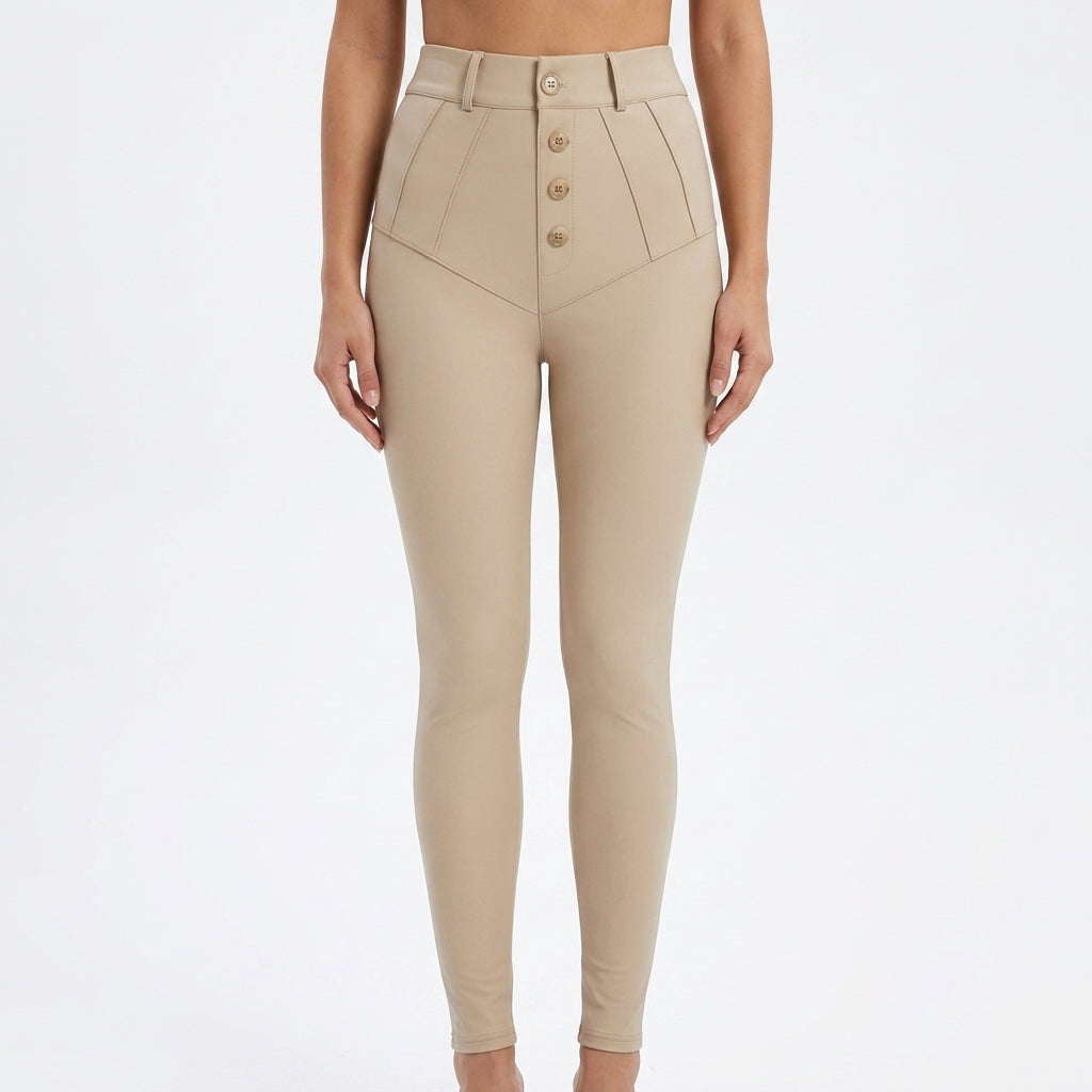 Charlotte Gold Button High-Waisted PU Leggings - Front Studio View