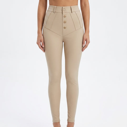 Charlotte Gold Button High-Waisted PU Leggings - Front Studio View