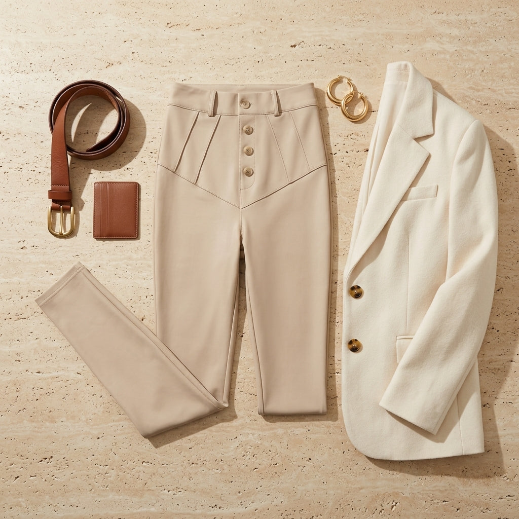 Charlotte Beige PU Leggings Styled Flat Lay with Blazer and Accessories
