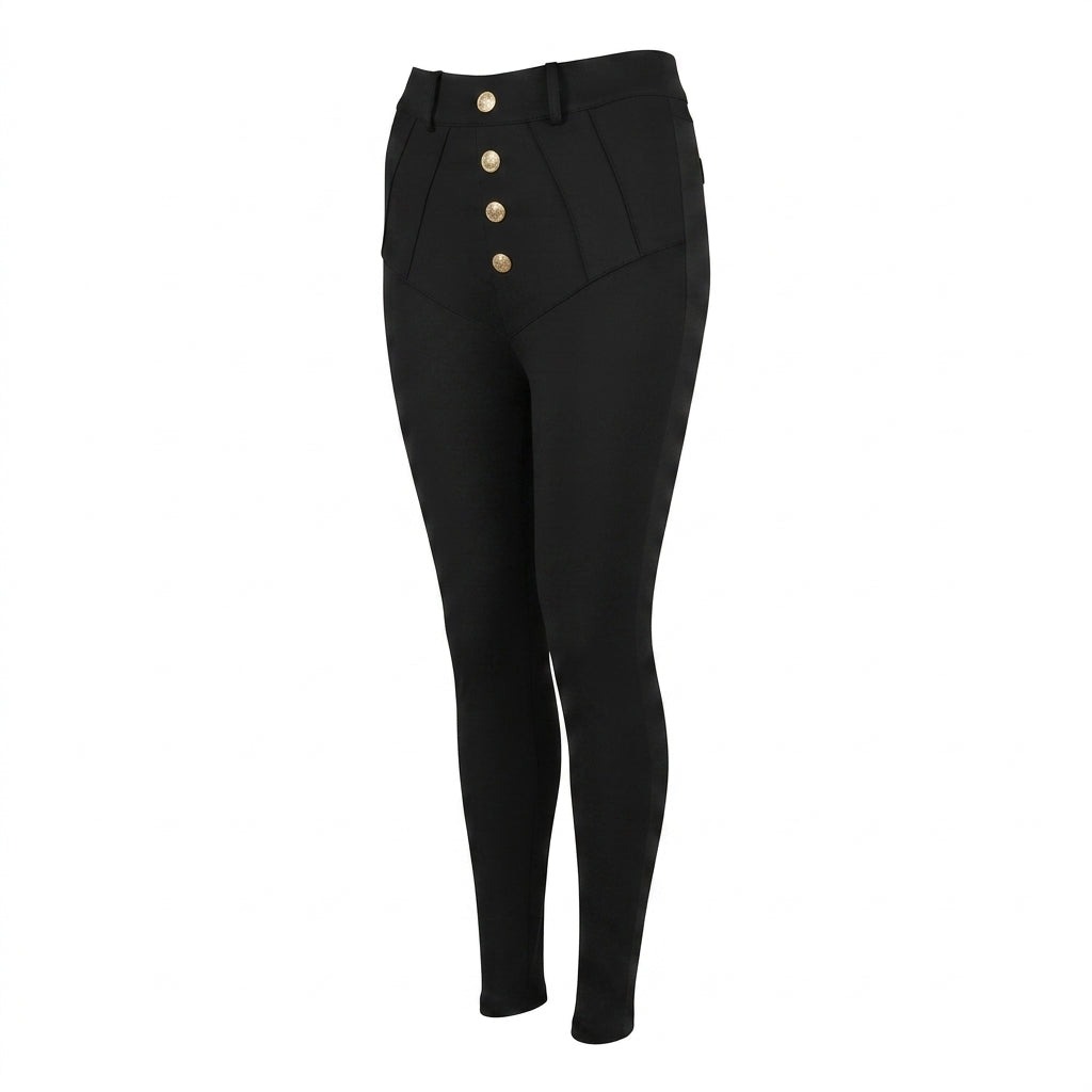 Charlotte Gold Button High-Waisted PU Leggings in Black - Studio Shot