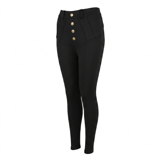 Charlotte Gold Button High-Waisted PU Leggings in Black - Studio Shot