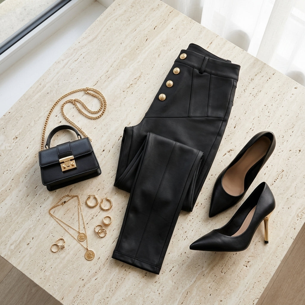 Charlotte Gold Button PU Leggings - Fashion Flat Lay Styling