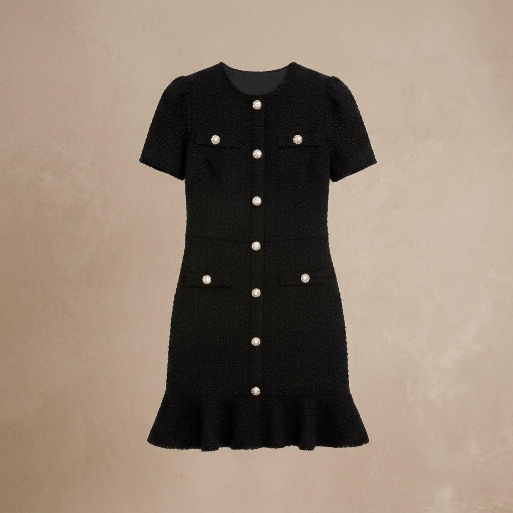 Harper Textured Gold Button Mini Dress front studio view