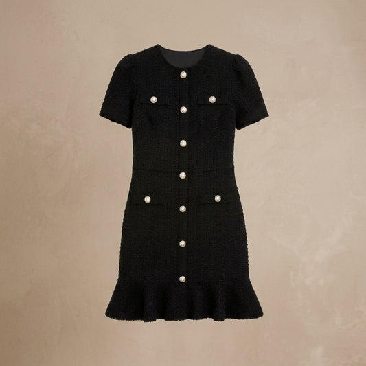 Harper Textured Gold Button Mini Dress front studio view