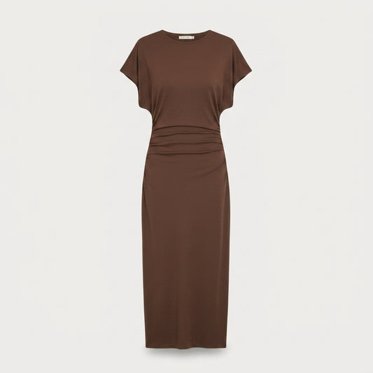 Aurelia Midi Dress in Brown - Front Studio View