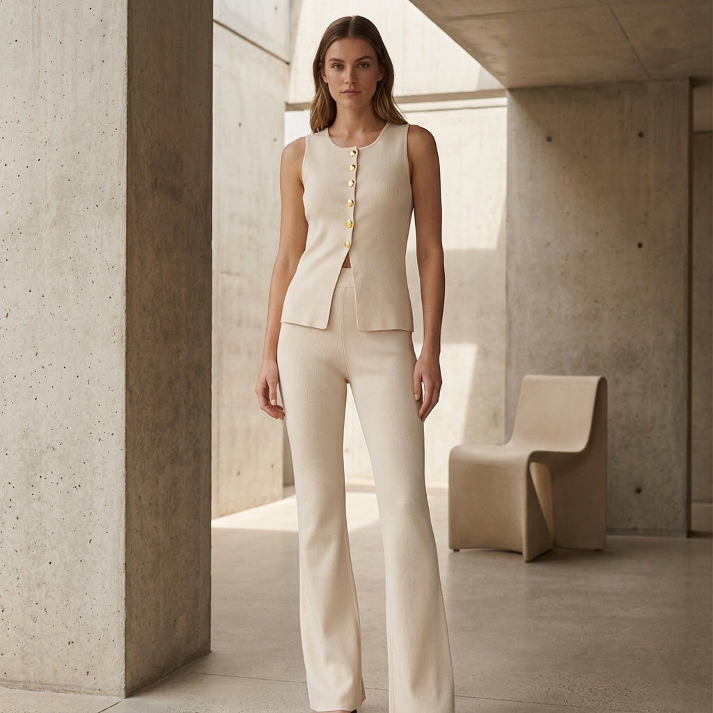 Juliette Knit Co-Ord in Beige with Gold Buttons - On Model Full View