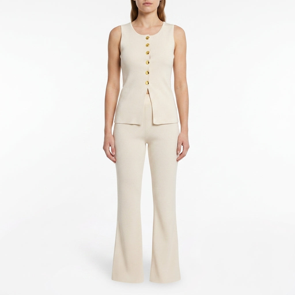 Juliette Knit Co-Ord in Beige with Gold Buttons - Studio Hero Shot