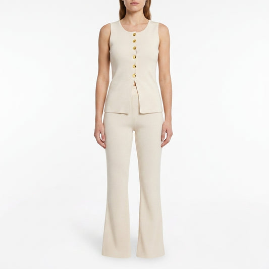 Juliette Knit Co-Ord in Beige with Gold Buttons - Studio Hero Shot