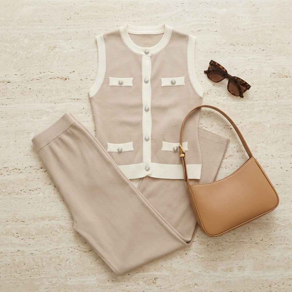 Vivienne Knit Co-Ord in Beige - Flat Lay Editorial