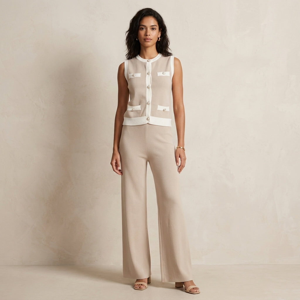 Vivienne Knit Co-Ord in Beige - Full Body Studio View